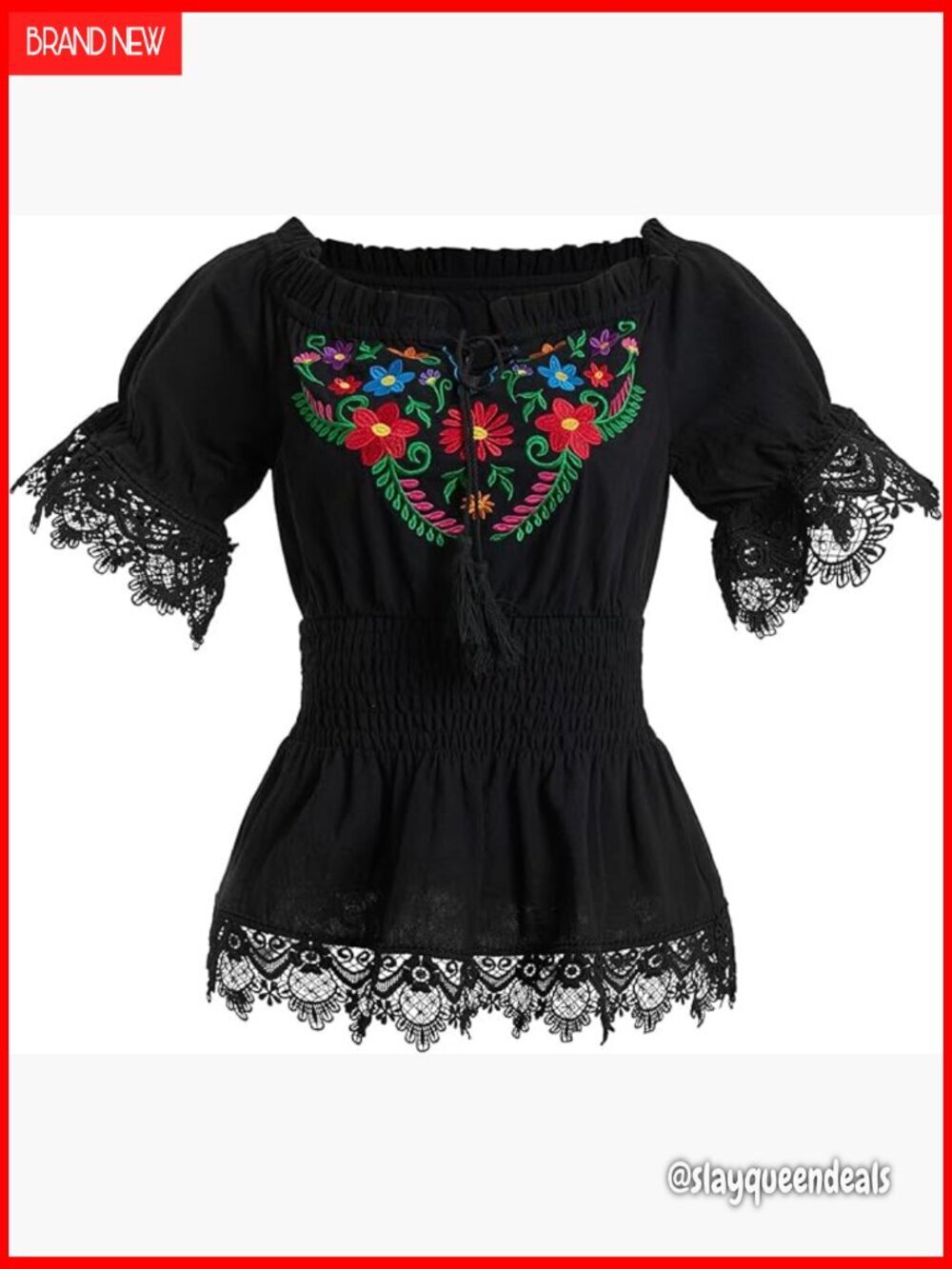 Women's Embroidered Off-Shoulder Bell Sleeve Blouse 100% Cotton Tunic Top